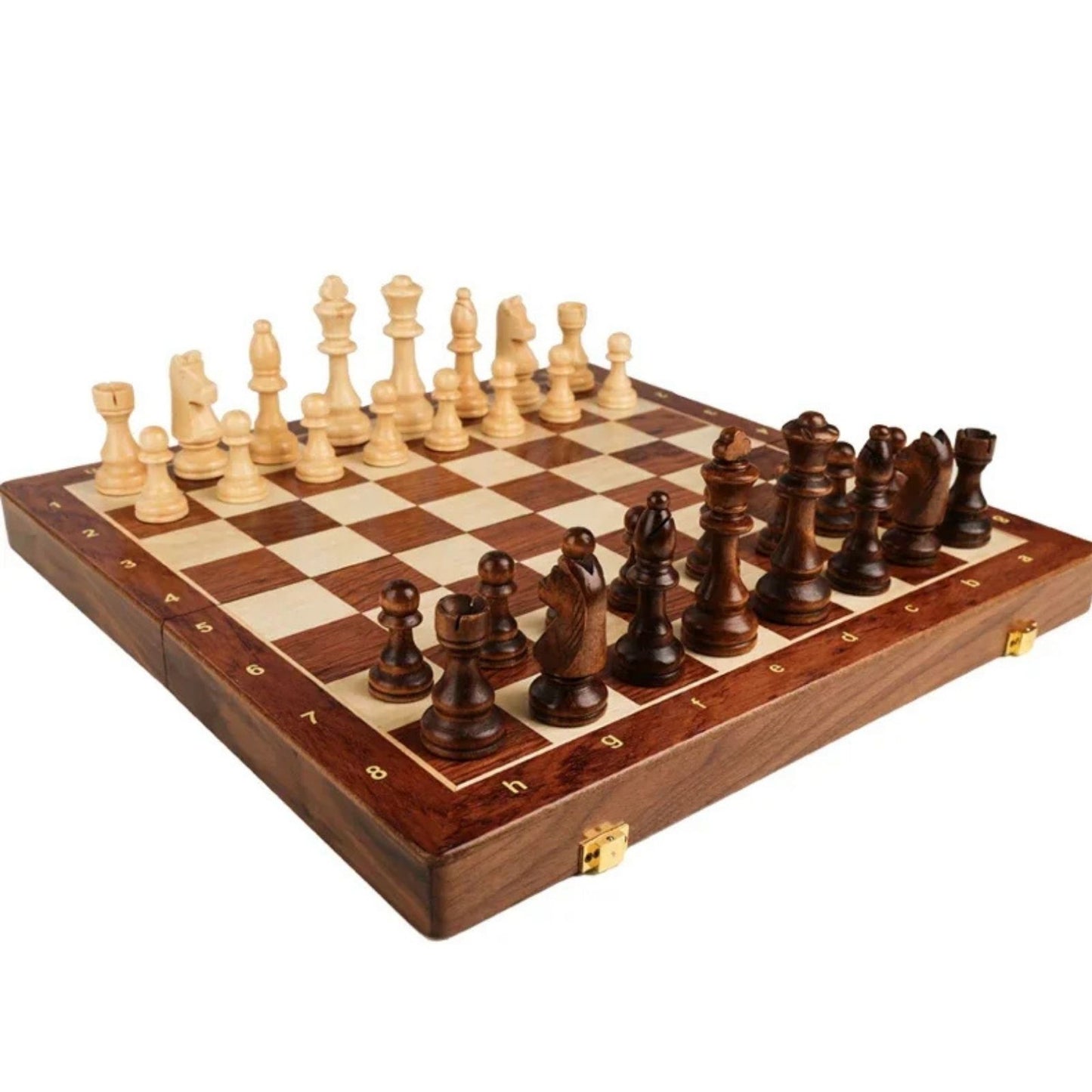 Set de Ajedrez Clásico Plegable de Madera Maciza con Figuras Talladas a Mano y Tablero de Nogal