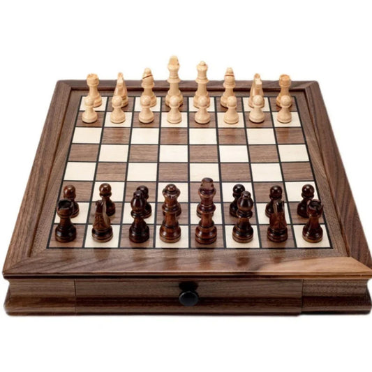 Ajedrez Magnético de Nogal con Damas – Juego de Viaje con Cajón Ideal para Niños y Regalo Especial