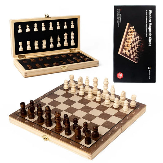 Set de Ajedrez de Madera Color Nogal 2 en 1 Plegable para Adultos y Niños - Juego Educativo y Competitivo