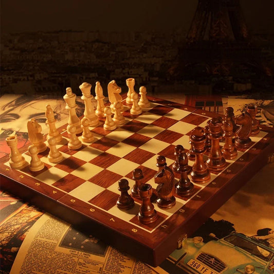 Set de Ajedrez de Madera Plegable con 34 Piezas y Caja de Almacenamiento Interior - Juego Portátil para Viajes y Niños