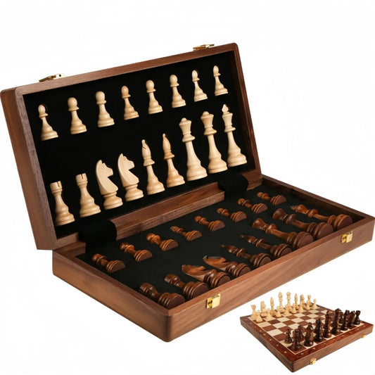 Set de Ajedrez Clásico Plegable de Madera Maciza con Figuras Talladas a Mano y Tablero de Nogal