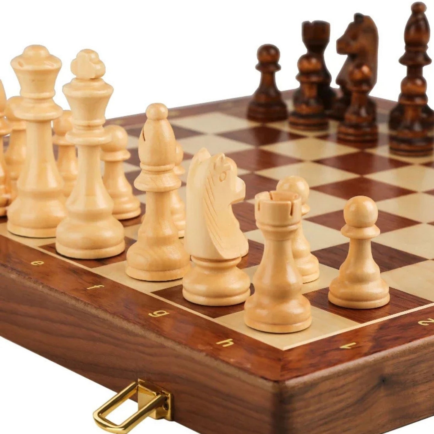 Set de Ajedrez Clásico Plegable de Madera Maciza con Figuras Talladas a Mano y Tablero de Nogal