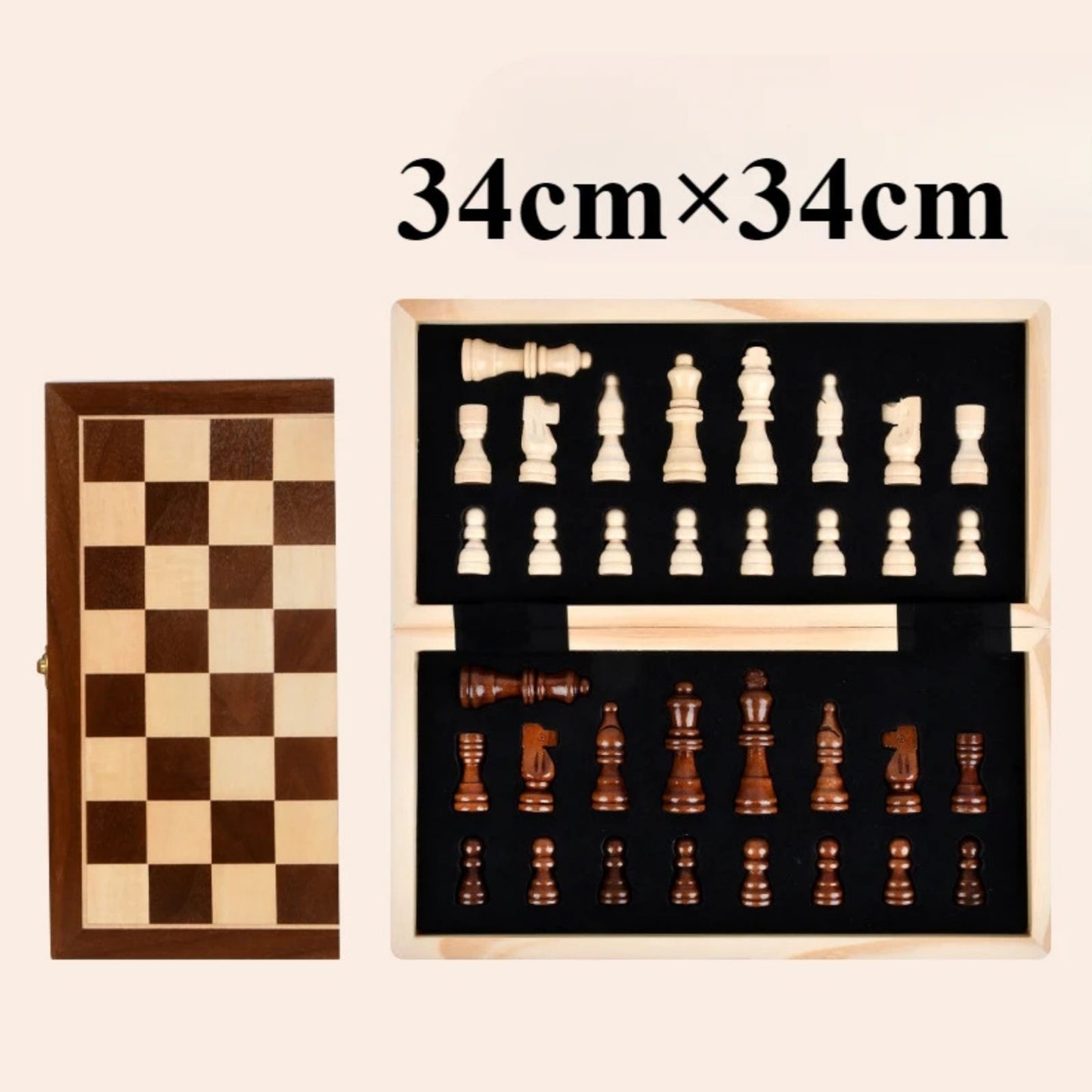 Set de Ajedrez Clásico Plegable de Madera Maciza con Figuras Talladas a Mano y Tablero de Nogal